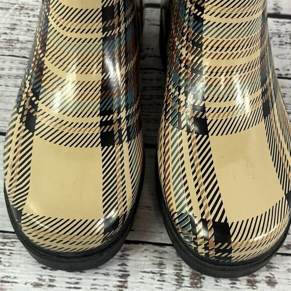 Sporto AMY Rubber Rain Duck Boots size 6 Black Tan Blue Plaid Calf Any Weather - Picture 3 of 11